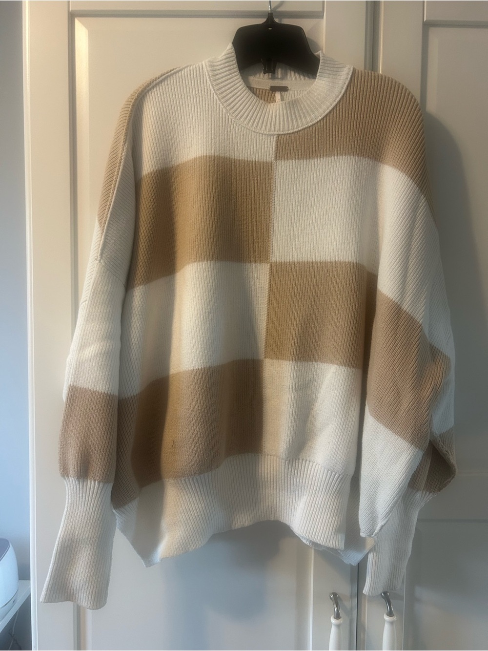 Free People Cream & Beige Checkerboard Crewneck Sweater